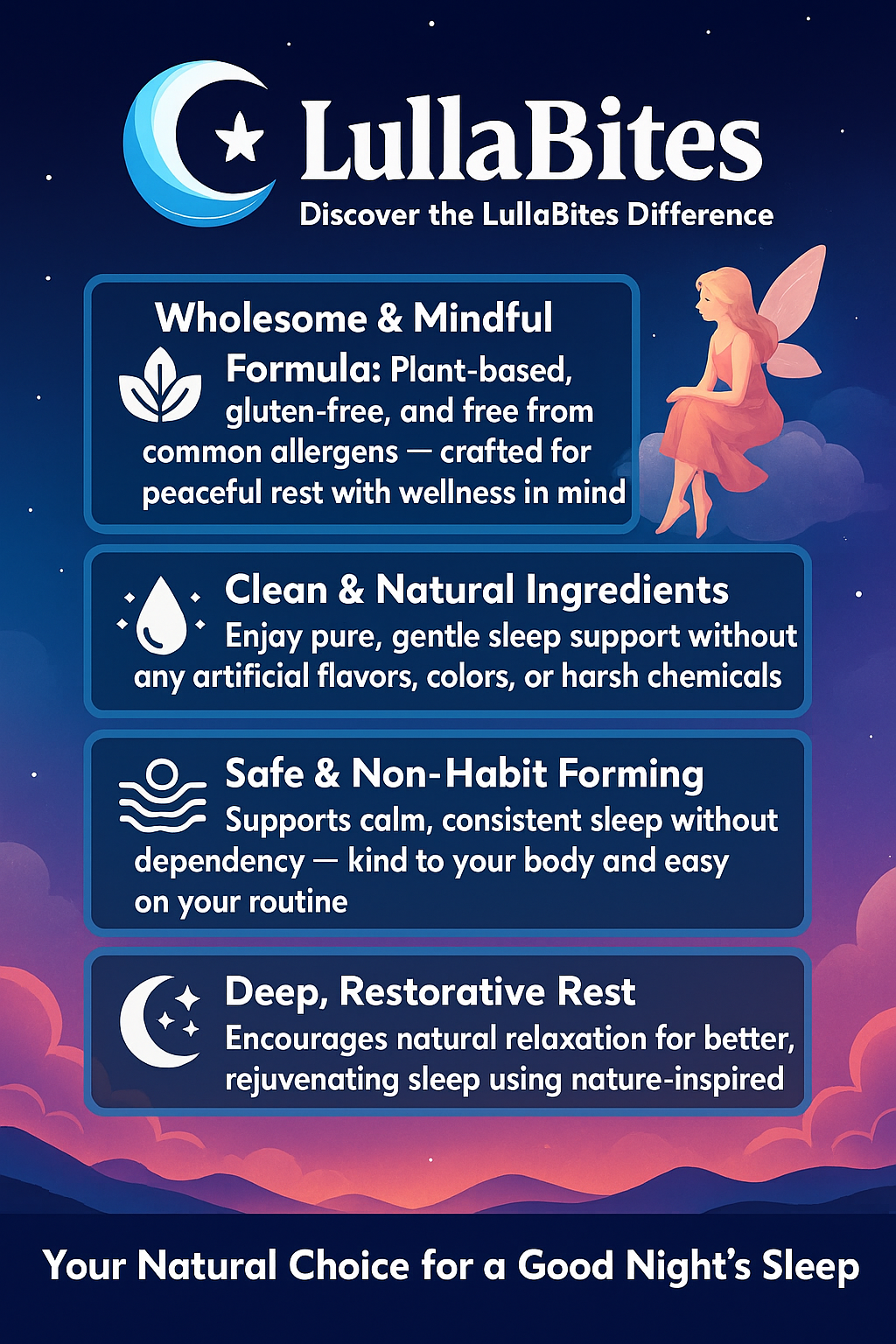 🌙 LullaBites Natural Sleep Gummies – Melatonin-Free, Vegan, Relaxation & Stress Relief Support